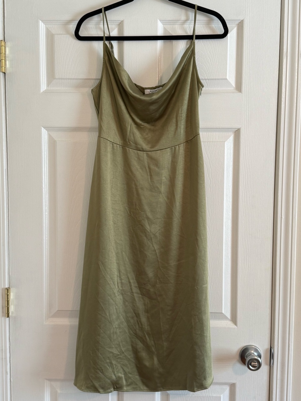 Satin Olive Green Cowl-Neck Midi Slip Dress